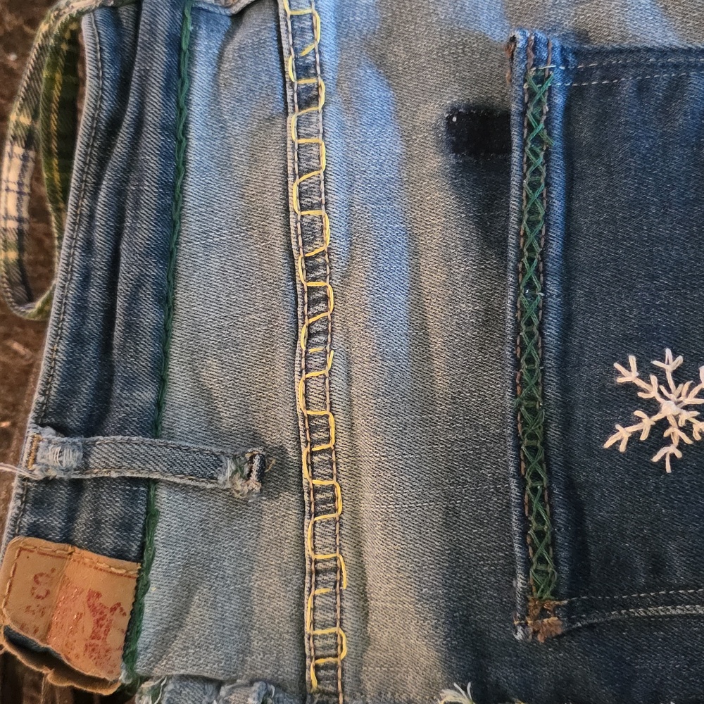 HAND CRAFTED Christmas Stocking UPCYCLED Flannel Fabric Denim Blue Jeans - Picture 11 of 12